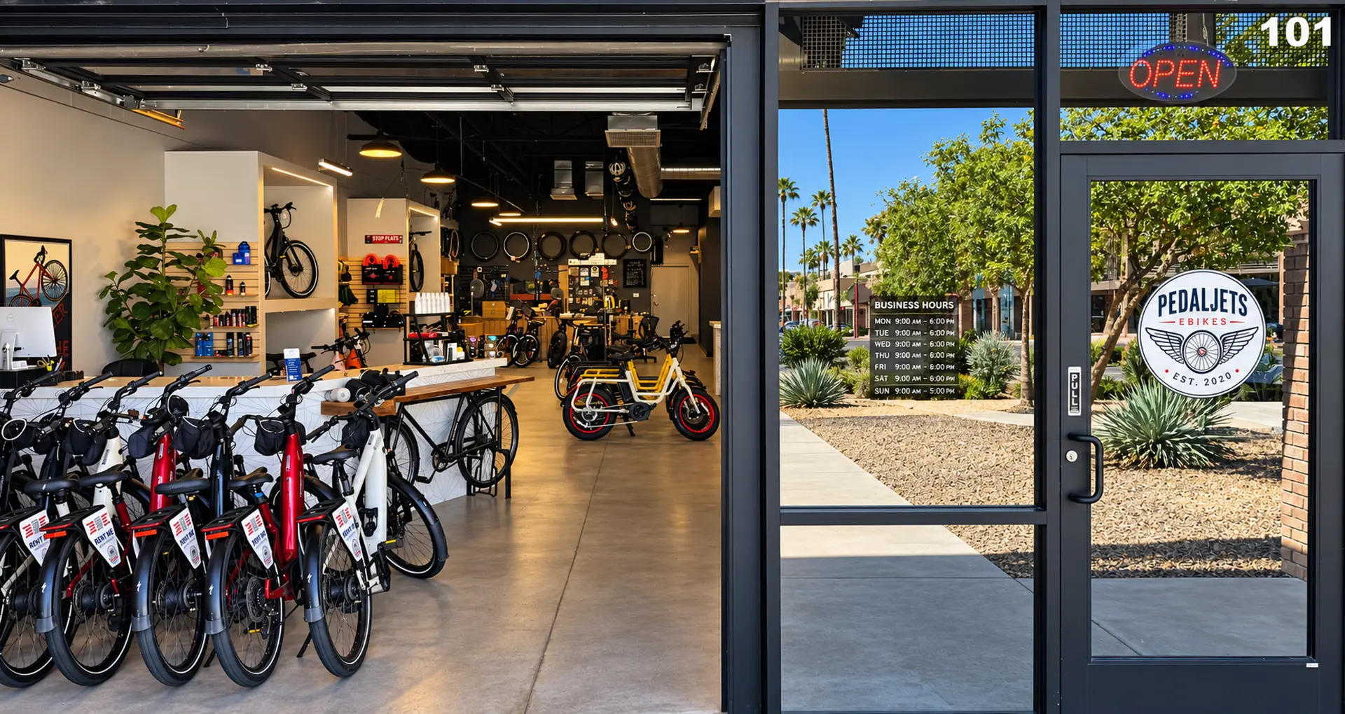 Inside the PedalJets showroom in Scottsdale with the garage door open